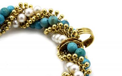  Van Cleef Arpels VAN CLEEF ARPELS CIRCA 1950S 18K YELLOW GOLD TWIST TURQUOISE PEARL BRACELET