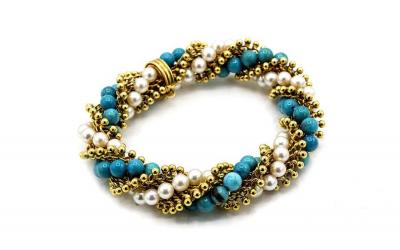 Van Cleef Arpels VAN CLEEF ARPELS CIRCA 1950S 18K YELLOW GOLD TWIST TURQUOISE PEARL BRACELET