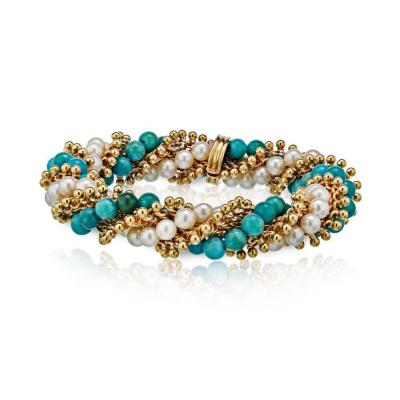  Van Cleef Arpels VAN CLEEF ARPELS CIRCA 1950S 18K YELLOW GOLD TWIST TURQUOISE PEARL BRACELET