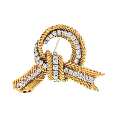  Van Cleef Arpels VAN CLEEF ARPELS FRENCH PLATINUM 18K YELLOW GOLD RIBBON DIAMOND BROOCH