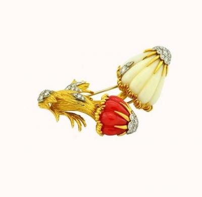  Van Cleef Arpels VAN CLEEF ARPELS GOLD MUSHROOM BROOCH WITH CORAL AND DIAMONDS