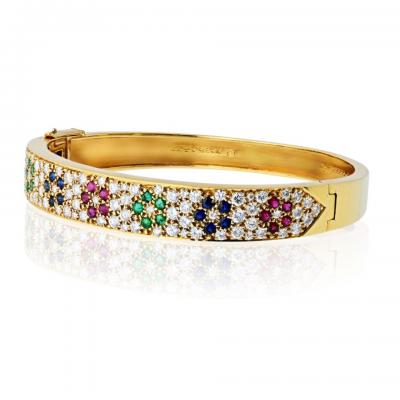 Van Cleef Arpels VCA 18K Yellow Gold Diamond And Multi Gem Flower Motif Bangle Bracelet
