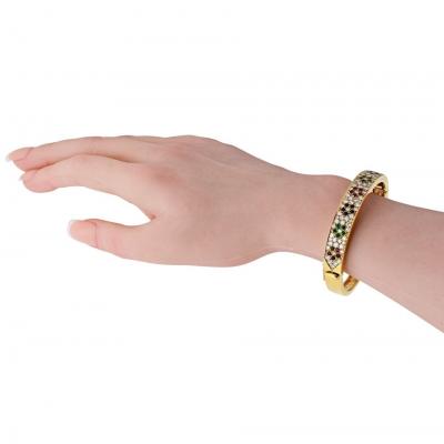  Van Cleef Arpels VCA 18K Yellow Gold Diamond And Multi Gem Flower Motif Bangle Bracelet