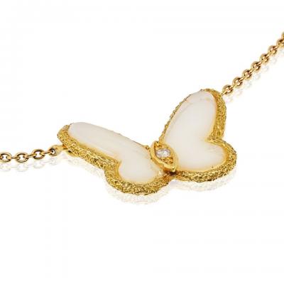 Van Cleef Arpels VCA 18K Yellow Gold Vintage Butterfly Pendant in White Coral Necklace