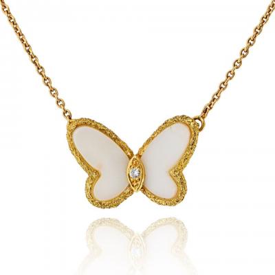 Van Cleef Arpels VCA 18K Yellow Gold Vintage Butterfly Pendant in White Coral Necklace