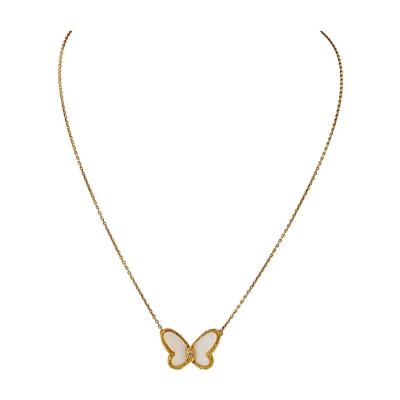  Van Cleef Arpels VCA 18K Yellow Gold Vintage Butterfly Pendant in White Coral Necklace