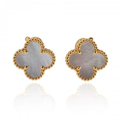 Van Cleef Arpels VCA Alhambra 18K Yellow Gold Mother Of Pearl Classic Size Earrings