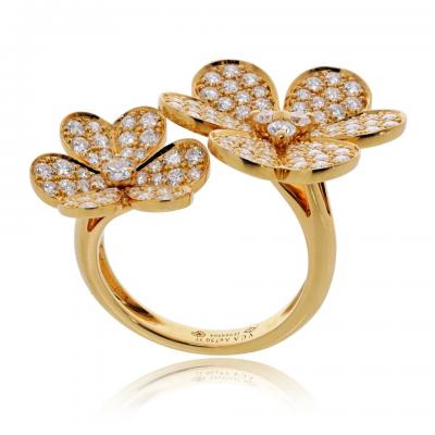  Van Cleef Arpels VCA Frivole 18K Yellow Gold Diamond Flower In Between The Finger Ring