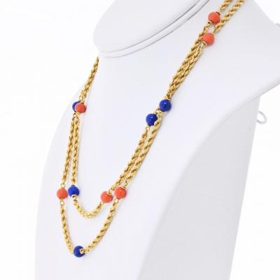  Van Cleef Arpels Van Cleef Arpels 18K Yellow Gold Lapis And Coral 33 Inch Necklace