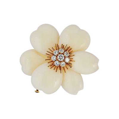  Van Cleef Arpels Van Cleef Arpels 18K Yellow Gold Rose De Noel 2 Inches White Coral Brooch