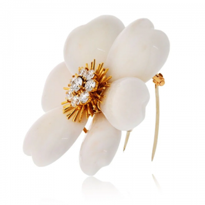  Van Cleef Arpels Van Cleef Arpels 18K Yellow Gold Rose De Noel White Coral Large Model Brooch