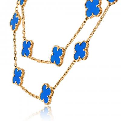  Van Cleef Arpels Van Cleef Arpels Alhambra 18K Yellow Gold Blue Agate 20 Motif Necklace