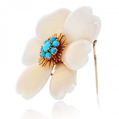  Van Cleef Arpels Van Cleef Arpels Rose de Noel 18K Yellow Gold Coral And Turquoise Brooch