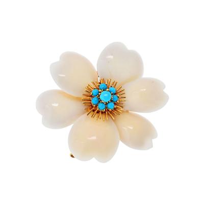  Van Cleef Arpels Van Cleef Arpels Rose de Noel 18K Yellow Gold Coral And Turquoise Brooch