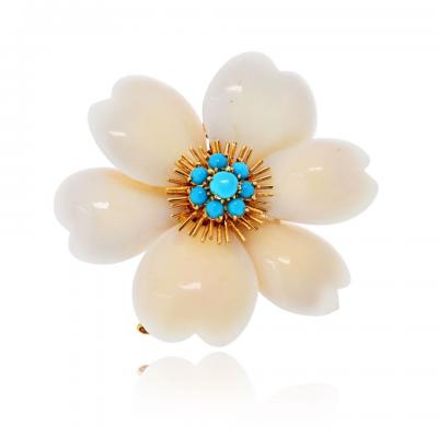  Van Cleef Arpels Van Cleef Arpels Rose de Noel 18K Yellow Gold Coral And Turquoise Brooch