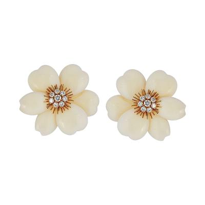  Van Cleef Arpels Van Cleef Arpels Rose de Noel 18K Yellow Gold Small Model White Coral Earrings
