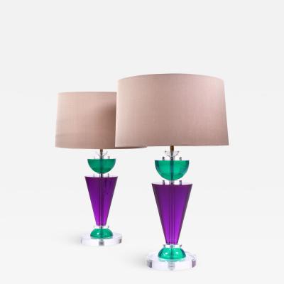  Van Teal Pair of Exotic American 80s purple turquoise and Lucite table light by Van Teal