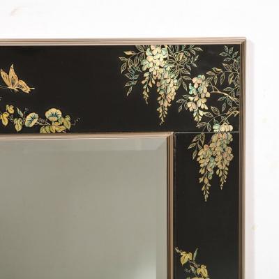  VanDyke Mid Century Black Glass w Chinoiserie Framed Mirror Signed VanDyke for LaBarge