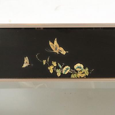  VanDyke Mid Century Black Glass w Chinoiserie Framed Mirror Signed VanDyke for LaBarge
