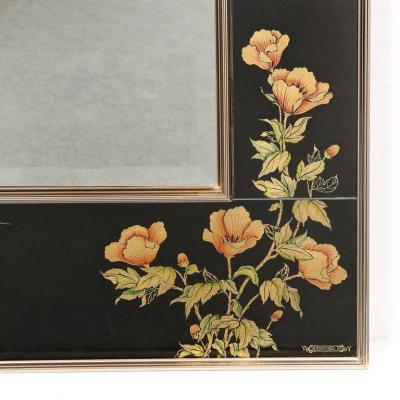 VanDyke Mid Century Black Glass w Chinoiserie Framed Mirror Signed VanDyke for LaBarge