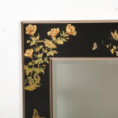  VanDyke Mid Century Black Glass w Chinoiserie Framed Mirror Signed VanDyke for LaBarge