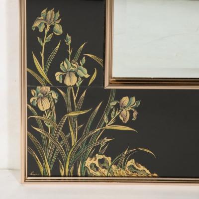 VanDyke Mid Century Black Glass w Chinoiserie Framed Mirror Signed VanDyke for LaBarge