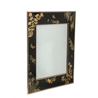  VanDyke Mid Century Black Glass w Chinoiserie Framed Mirror Signed VanDyke for LaBarge