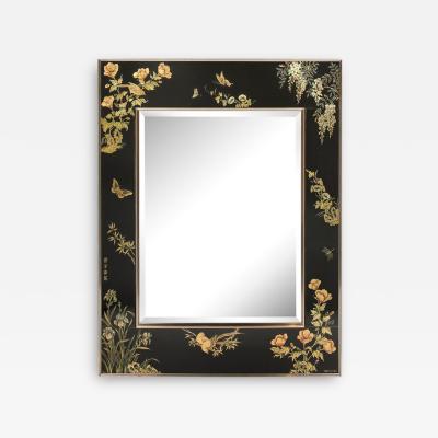  VanDyke Mid Century Black Glass w Chinoiserie Framed Mirror Signed VanDyke for LaBarge