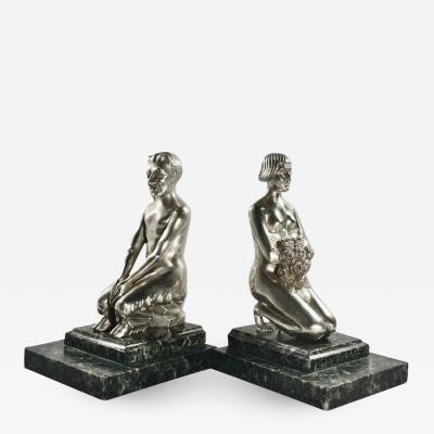  Vandaele Art Deco Bronze Bookends Lady and Faun Signed H Vandaele