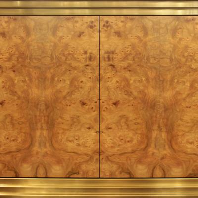  Venfield Burl Faced Four Door Credenza with Stepped Brass Framed Front
