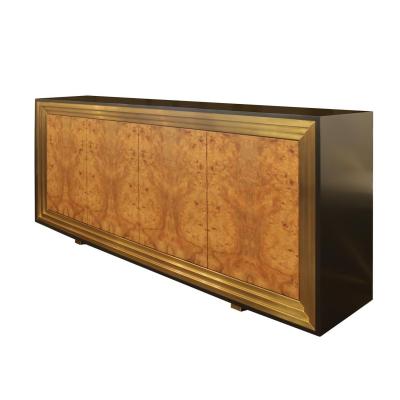  Venfield Burl Faced Four Door Credenza with Stepped Brass Framed Front