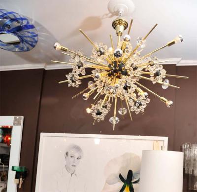  Venfield Crystal and Brass Rod Sputnik Chandelier with Black Spheres