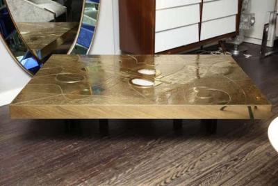  Venfield Custom Spectacular Etched Brass and Double Agate Rectangular Cocktail Table
