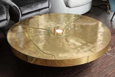  Venfield Custom Spectacular Round Etched Brass Cocktail Table with Agate Stone