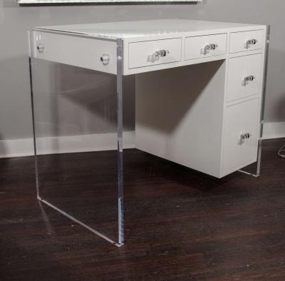  Venfield Custom White Lacquer Desk with Lucite Side Panels