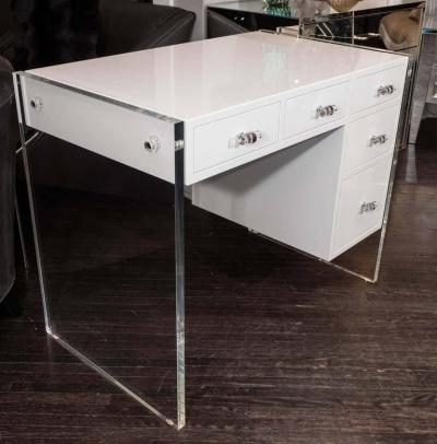  Venfield Custom White Lacquer Desk with Lucite Side Panels