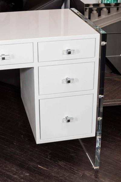  Venfield Custom White Lacquer Desk with Lucite Side Panels
