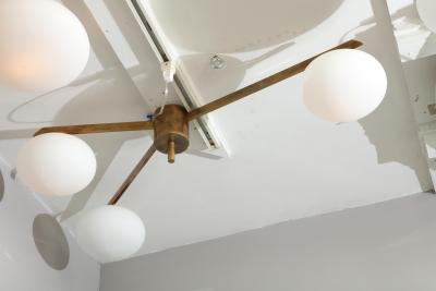  Venfield Italian Three Globe Opaline Glass Elongated Chandelier with Brass Frame