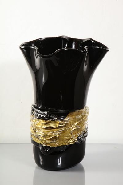  Venfield Large Venini Black and Gold Murano Glass Fazzoletto Vase