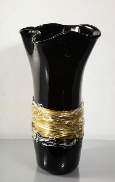  Venfield Large Venini Black and Gold Murano Glass Fazzoletto Vase