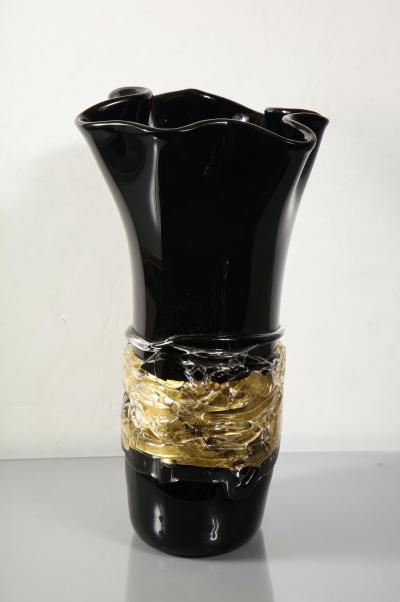  Venfield Large Venini Black and Gold Murano Glass Fazzoletto Vase