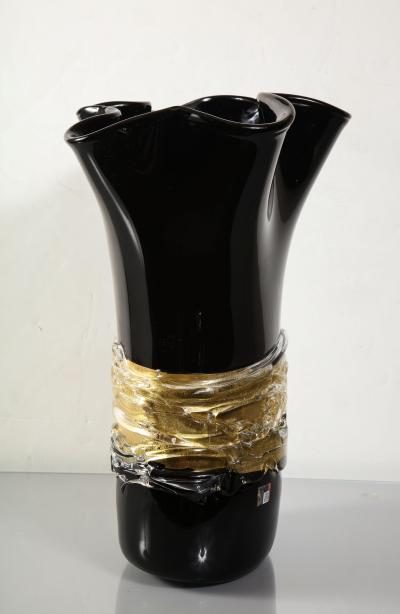  Venfield Large Venini Black and Gold Murano Glass Fazzoletto Vase