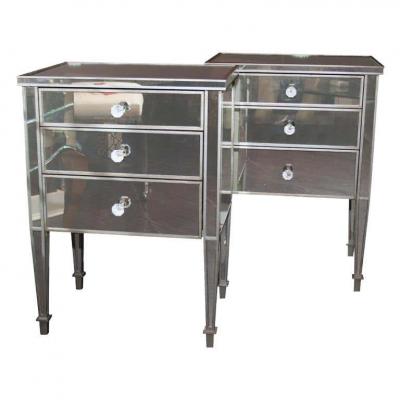  Venfield Pair of 3 Drawer Silver Trim Mirrored Nightstands