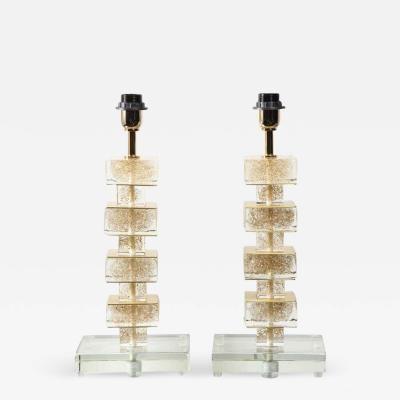  Venfield Pair of Custom Gold Infused Murano Glass Cubist Table Lamps