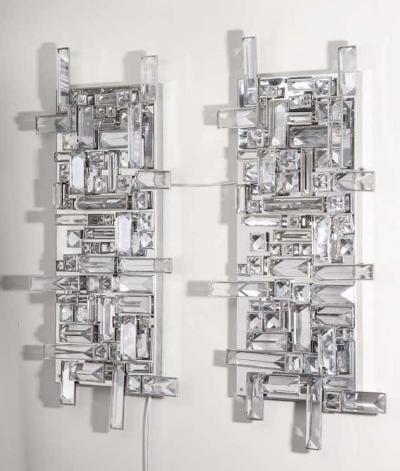  Venfield Pair of Enormous Polished Nickel Sconces with Austrian Baguette Crystals