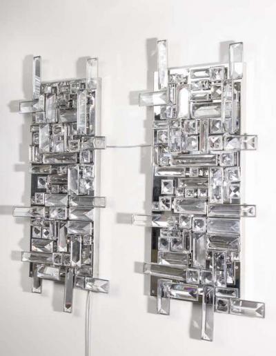  Venfield Pair of Enormous Polished Nickel Sconces with Austrian Baguette Crystals