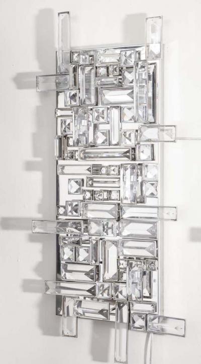  Venfield Pair of Enormous Polished Nickel Sconces with Austrian Baguette Crystals