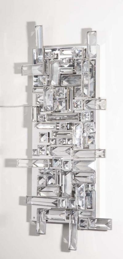  Venfield Pair of Enormous Polished Nickel Sconces with Austrian Baguette Crystals