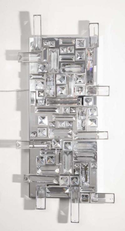  Venfield Pair of Enormous Polished Nickel Sconces with Austrian Baguette Crystals