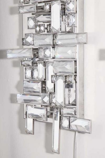  Venfield Pair of Enormous Polished Nickel Sconces with Austrian Baguette Crystals